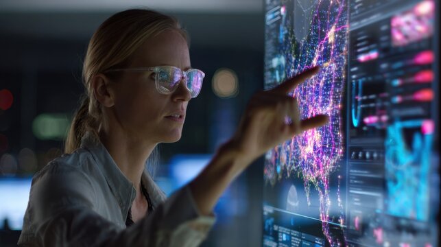 Medium shot highlighting a fusion center analyst interacting with a transparent touchscreen dashboard realtime AI data fusion subtly blurred in the backdrop.