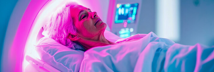 Senior woman lies calmly within high-tech medical scanner, bathed in vibrant pink light, showcasing modern diagnostic imaging