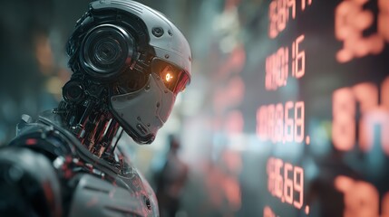 Fototapeta premium Futuristic Robot Analyzing Stock Market Data on a Digital Screen in Close Up