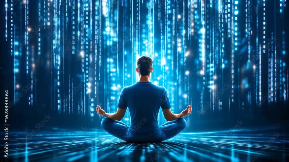 Poster man in blue clothing meditating in lotus position surrounded by digital data streams and glowing blu