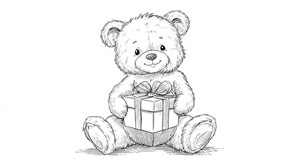 Obraz premium Engraving sketch of cute teddy bear sitting with wrapped gift box and smiling in charming line drawing