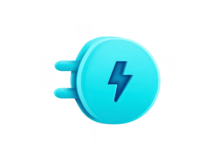 Modern, stylized electric plug icon in light blue color, featuring lightning bolt symbol. This design represents energy, power, and technology, conveying sense of innovation and connectivity