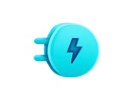 Modern, stylized electric plug icon in light blue color, featuring lightning bolt symbol. This design represents energy, power, and technology, conveying sense of innovation and connectivity