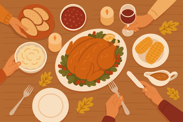 Family dinner table with Thanksgiving turkey, side dishes and candles in warm autumn colors