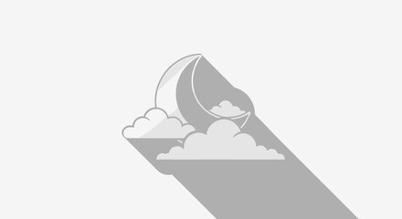 Minimalist Moon and Clouds Illustration with Long Shadow on a Clean White Background.