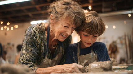 Elderly woman and young boy joyfully shaping pottery together in a cozy art workshop