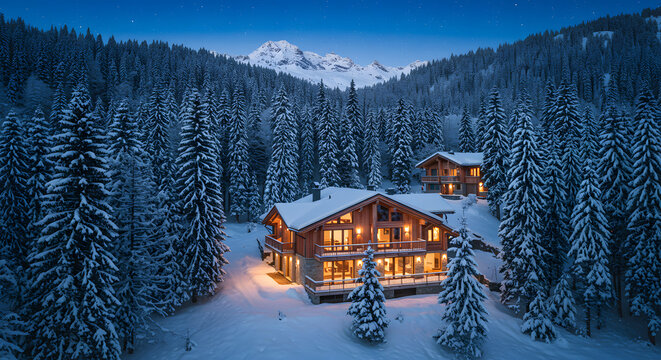 Winter chalet in snow mountain forest under blue sky with stars and snowy trees luxury home vacation 100 - Powered by Adobe