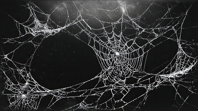 White spider webs covered in dew against dark night background with stars, intricate and spooky design