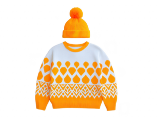 Cozy yellow and white sweater with playful pattern, paired with matching beanie featuring pom pom. Perfect for winter fashion and casual outings, this outfit combines warmth and style effortlessly