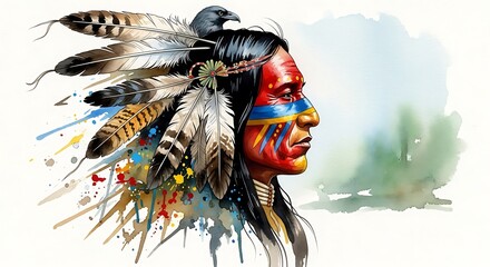 Watercolor portrait of a native american indian chief with feather headdress