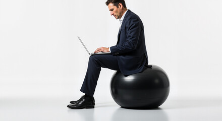Successful businessman diligently working on a laptop computer while sitting on a large exercise ball in a professional studio environment with a clean white background