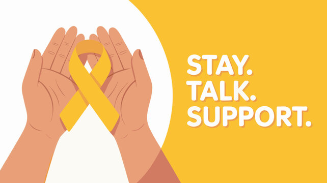 Hands holding a yellow ribbon expressing support and awareness with text "STAY. TALK. SUPPORT." on a bright background, modern vector illustration