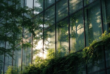 Building reflects green nature with sunlight, creating a serene and modern architectural scene