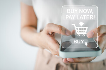 Close up of a hand using a smartphone with a Buy Now Pay Later (BNPL) virtual interface. A person...