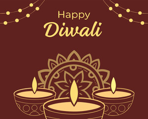 Happy Diwali Festive Greeting Card with Traditional Diya Lamps and Decorative Mandala for Celebration