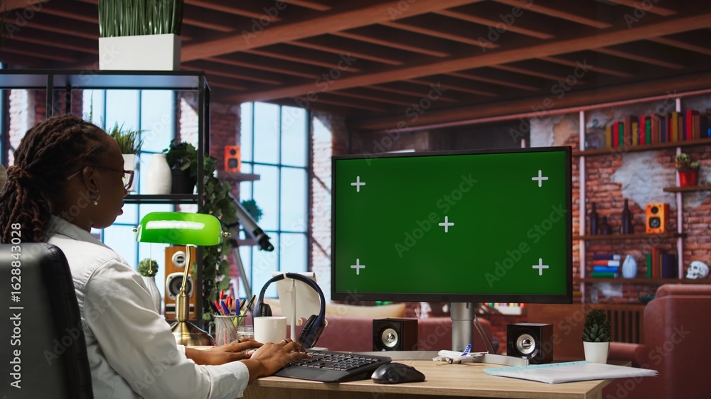 Poster teleworker using green screen pc in home office to write emails. remote worker typing on mockup comp