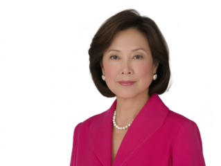 Confident woman in vibrant pink blazer, exuding professionalism and elegance. She has polished appearance, complemented by pearl earrings and subtle makeup look