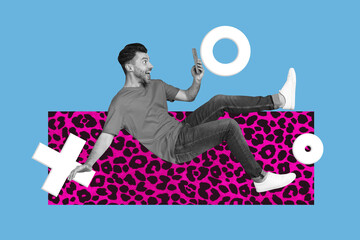 Trend poster collage of person use gadget sit on blue background with 3d elements