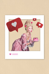 Creative photo collage trend artwork template of young lady retro style dress hold cake frame like...