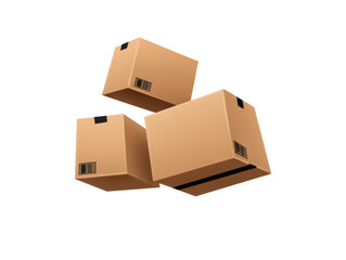 Cardboard boxes stacked in dynamic arrangement, showcasing variety of sizes and angles. These boxes are commonly used for shipping and storage, representing efficiency and organization