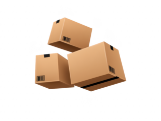Cardboard boxes stacked in dynamic arrangement, showcasing variety of sizes and angles. These boxes are commonly used for shipping and storage, representing efficiency and organization