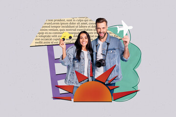 Poster abstract collage pf people hold paper plane car stand front house sun picture on grey background