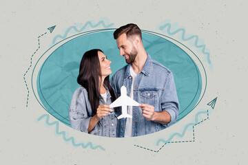 Banner collage of people hold paper plane stand in circle shape over blue color background