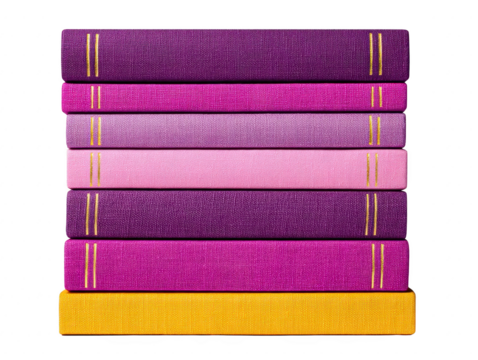 Colorful stacked books shades of purple and yellow create vibrant display. textured covers and gold accents add touch of elegance, making this arrangement visually appealing and inviting