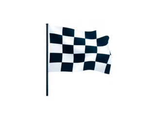 Checkered flag symbolizes victory and completion in racing events, featuring distinctive black and white pattern. It is often waved at finish line to celebrate winner