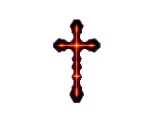 Glowing cross symbol with fiery red outline, representing faith and spirituality. design features intricate details and radiant appearance, evoking sense of reverence and devotion