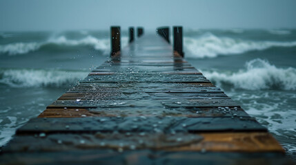 Stormy pier view: A wooden dock stretches into a choppy ocean, rain creates a moody, atmospheric scene
