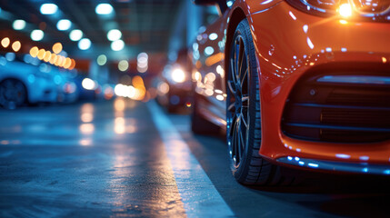 Luxury vehicle parked inside an indoor parking garage with reflection on the ground, head lights on