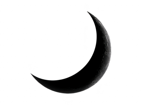 Crescent moon appears in dark sky, showcasing its distinct shape and texture. moon surface features craters and shadows, creating serene and mystical atmosphere