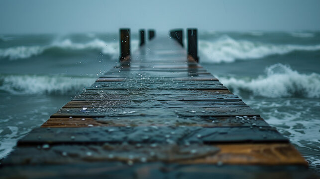 Stormy pier view: A wooden dock stretches into a choppy ocean, rain creates a moody, atmospheric scene