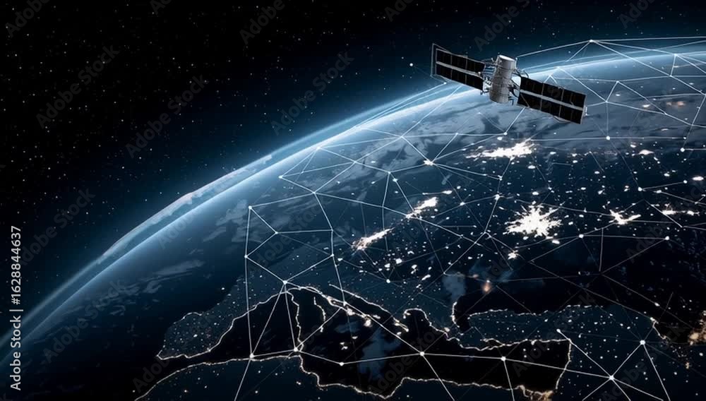 Poster a satellite in orbit above earth, connecting multiple visible global network connections with lines 