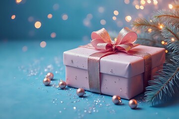 Elegant Christmas gift box with sparkling ornaments and pine branches in blue and pink cinematic style with copy space