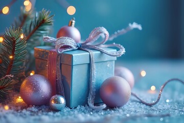 Elegant Christmas gift box with sparkling ornaments and pine branches in blue and pink cinematic style with copy space