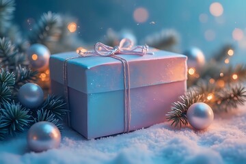 Elegant Christmas gift box with sparkling ornaments and pine branches in blue and pink cinematic style with copy space