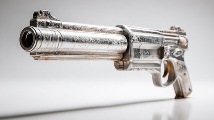 3D model of a weathered, silver handgun