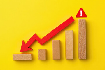Downward Trend Bar Graph with Red Arrow and Exclamation Mark, Illustrating Business Decline, Financial Loss, and Negative Market Performance on Yellow Background