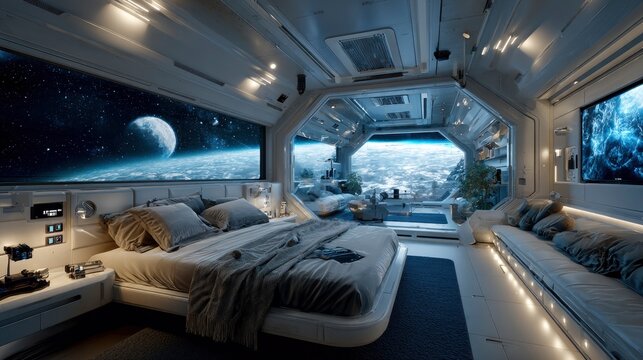 Futuristic, bright spaceship suite featuring expansive views of Earth and moon through large windows
