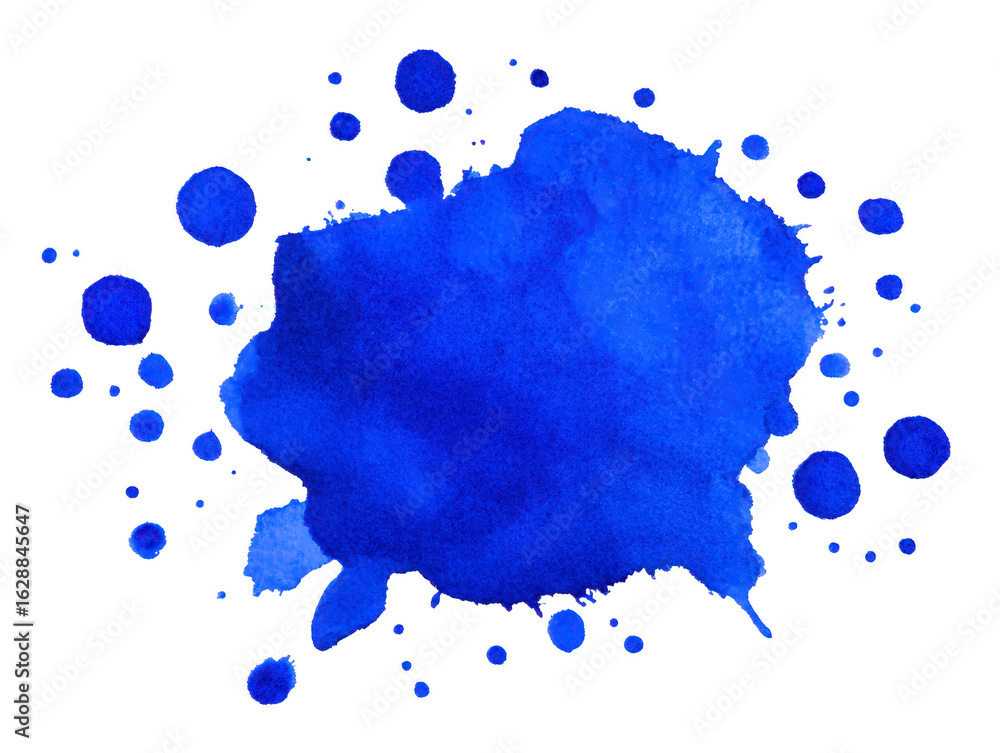 Poster vibrant blue watercolor splash with various circular droplets surrounding it, creating artistic and 
