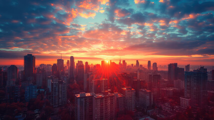 Fototapeta premium Cityscape at Dawn: Glowing skyline with the sun's vibrant rays piercing through the clouds. Serene urban moment.