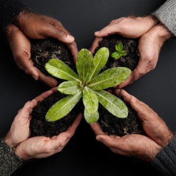 Hands holding soil with a small plant in the center