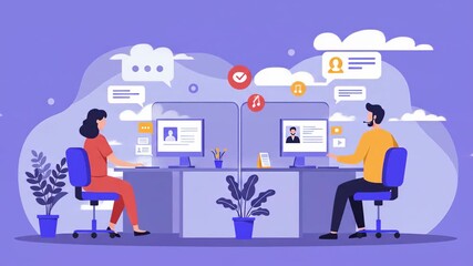 Online communication and virtual meeting with business team working remotely illustration - Powered by Adobe