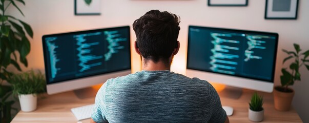 Coder at Desk with Dual Monitors and Code, Programming ,Developer