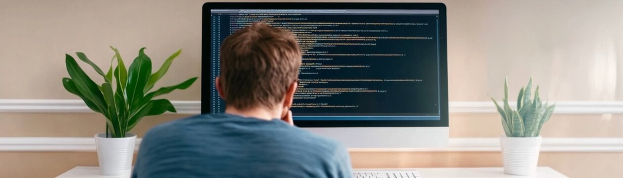 Coder at Desk with Plants - Focused on Code, Programming ,Developer
