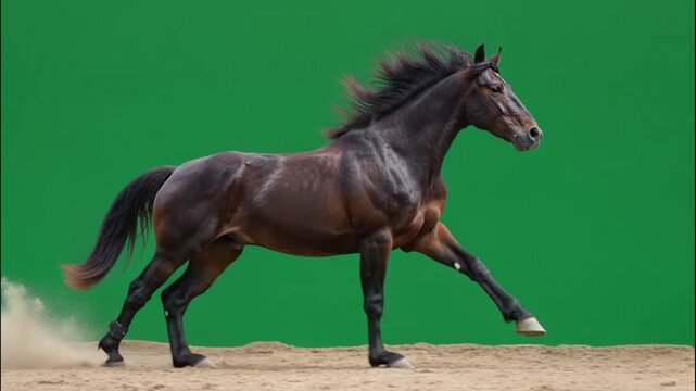 Majestic Dark Bay Horse Galloping Against Green Screen Background - Beautiful Stallion in Motion