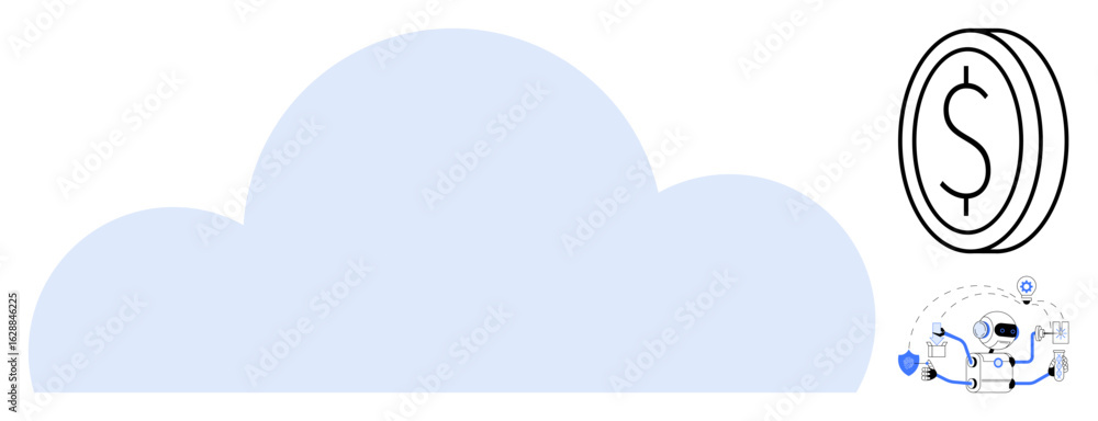 Poster large cloud shape with a dollar coin symbol and a robotic figure highlighting automation. ideal for 