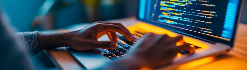 Coding on Laptop Close-up of hands typing code on screen. ,programming ,developer